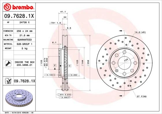 Brembo 09.7628.1X - Bremžu diski adetalas.lv