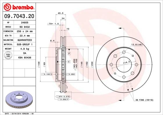 Brembo 09.7043.20 - Bremžu diski adetalas.lv