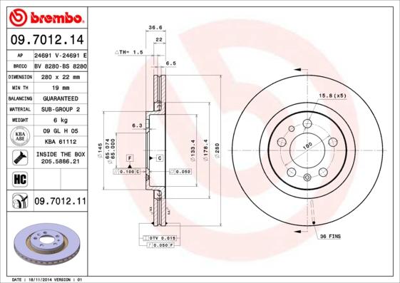 Brembo 09.7012.11 - Bremžu diski adetalas.lv