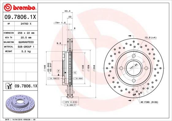 Brembo 09.7806.1X - Bremžu diski adetalas.lv