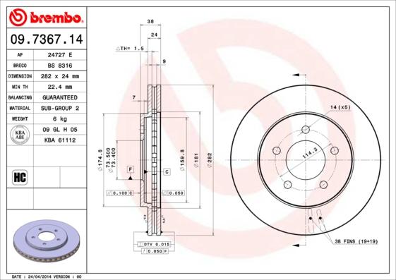 Brembo 09.7367.14 - Bremžu diski adetalas.lv