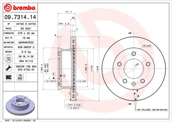 Brembo 09.7314.14 - Bremžu diski adetalas.lv