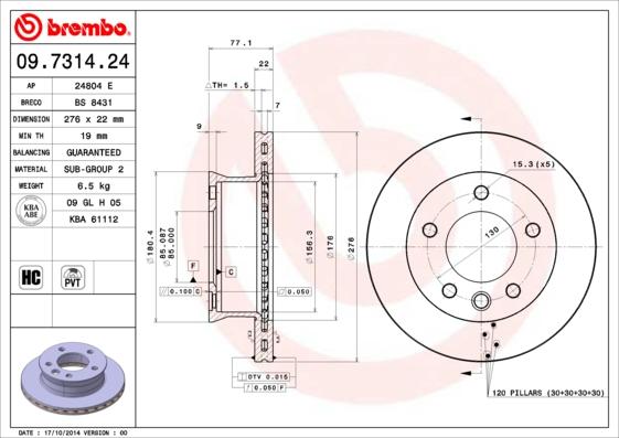 Brembo 09.7314.24 - Bremžu diski adetalas.lv