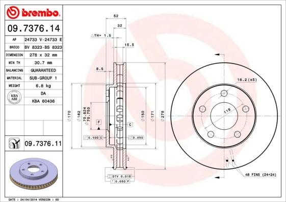 Brembo 09.7376.14 - Bremžu diski adetalas.lv