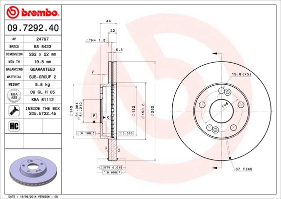 Brembo 09.7292.40 - Bremžu diski adetalas.lv