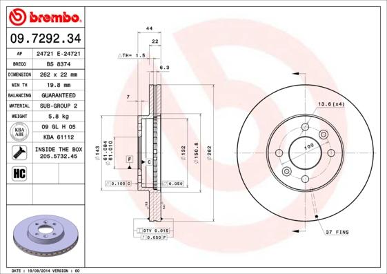 Brembo 09.7292.34 - Bremžu diski adetalas.lv