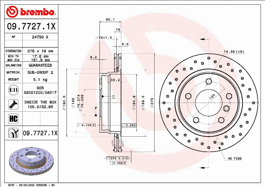 Brembo 09.7727.1X - Bremžu diski adetalas.lv