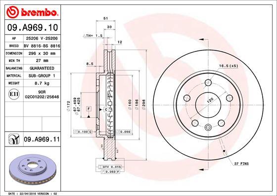 Brembo 09.A969.10 - Bremžu diski adetalas.lv