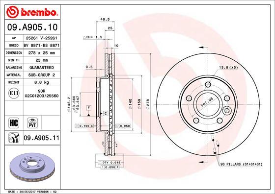 Brembo 09.A905.11 - Bremžu diski adetalas.lv