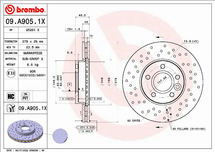 Brembo 09.A905.1X - Bremžu diski adetalas.lv