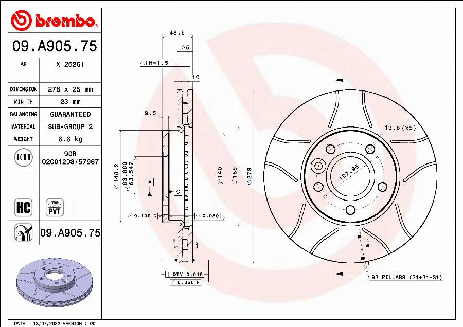 Brembo 09.A905.75 - Bremžu diski adetalas.lv