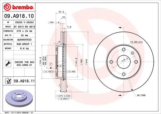 Brembo 09.A918.10 - Bremžu diski adetalas.lv