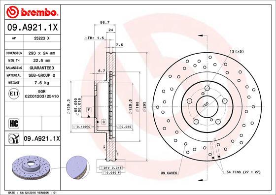 Brembo 09.A921.1X - Bremžu diski adetalas.lv