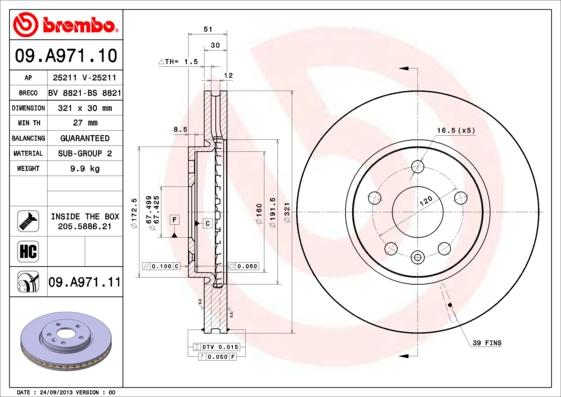 Brembo 09.A971.10 - Bremžu diski adetalas.lv