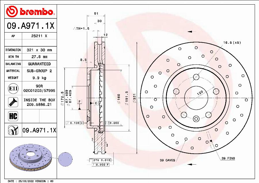 Brembo 09.A971.1X - Bremžu diski adetalas.lv