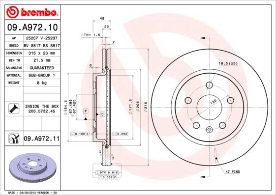 Brembo 09.A972.10 - Bremžu diski adetalas.lv