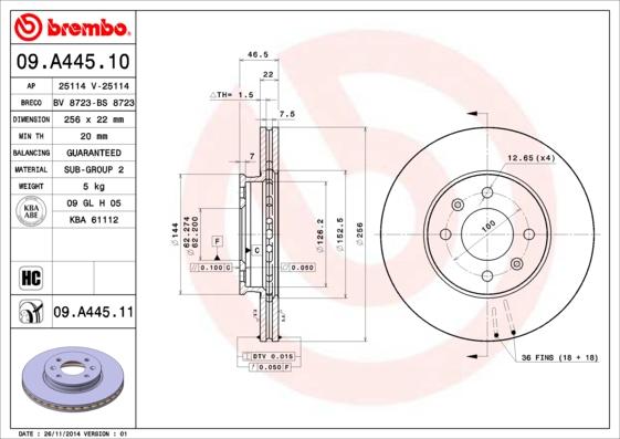 Brembo 09.A445.10 - Bremžu diski adetalas.lv