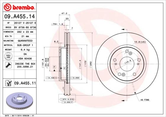 Brembo 09.A455.14 - Bremžu diski adetalas.lv