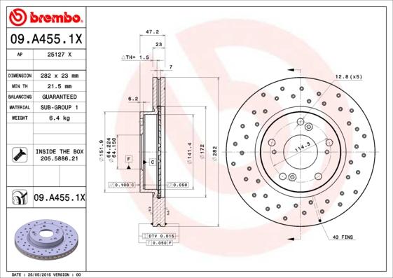 Brembo 09.A455.1X - Bremžu diski adetalas.lv