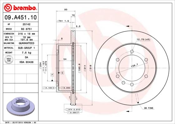 Brembo 09.A451.10 - Bremžu diski adetalas.lv