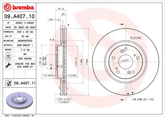 Brembo 09.A407.11 - Bremžu diski adetalas.lv