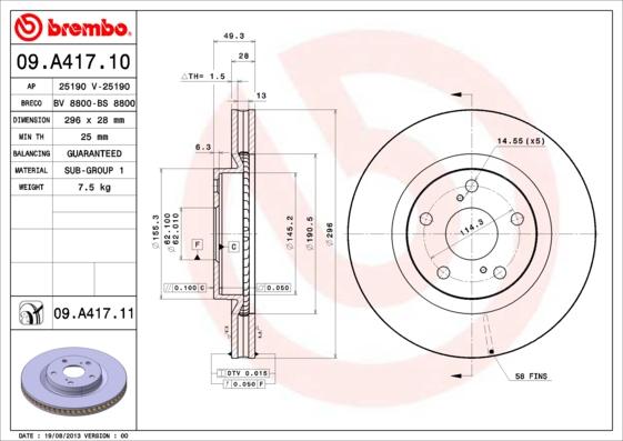 Brembo 09.A417.11 - Bremžu diski adetalas.lv