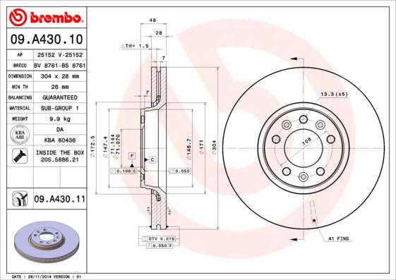 Brembo 09.A430.11 - Bremžu diski adetalas.lv