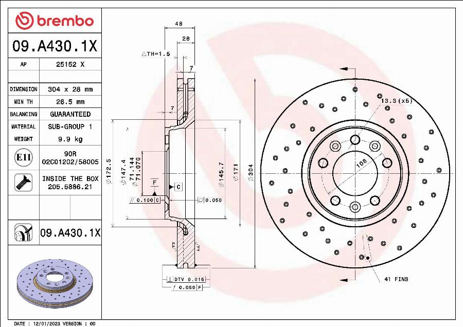 Brembo 09.A430.1X - Bremžu diski adetalas.lv