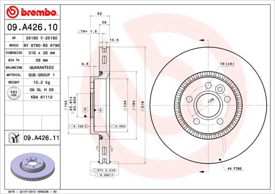 Brembo 09.A426.10 - Bremžu diski adetalas.lv