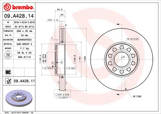 Brembo 09.A428.14 - Bremžu diski adetalas.lv