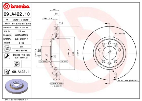 Brembo 09.A422.11 - Bremžu diski adetalas.lv