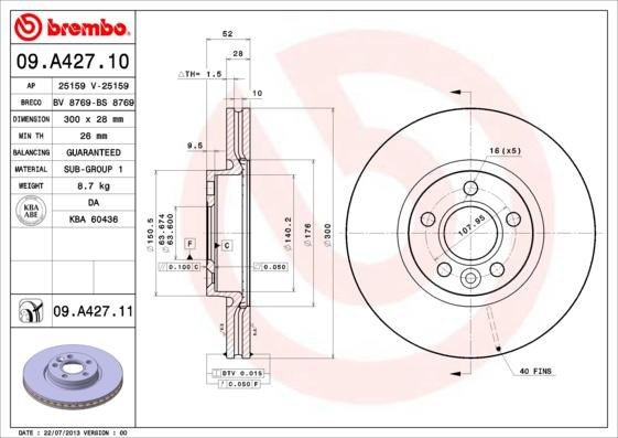 Brembo 09.A427.11 - Bremžu diski adetalas.lv