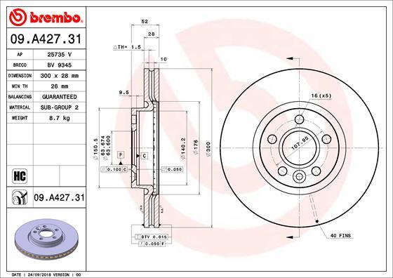 Brembo 09.A427.31 - Bremžu diski adetalas.lv