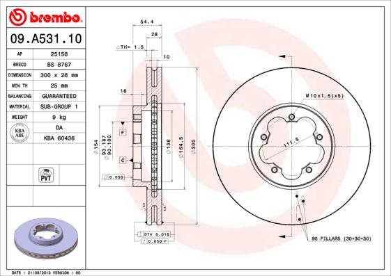 Brembo 09.A531.10 - Bremžu diski adetalas.lv