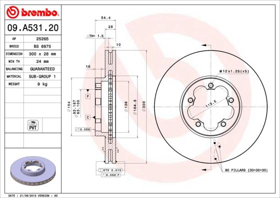 Brembo 09.A531.20 - Bremžu diski adetalas.lv