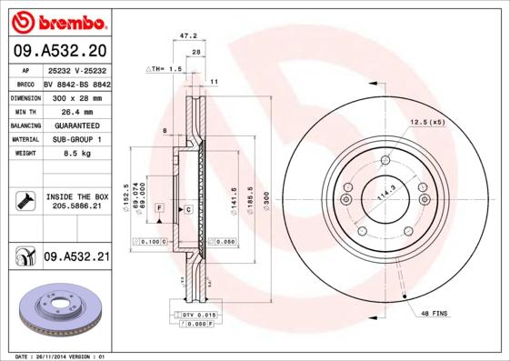 Brembo 09.A532.21 - Bremžu diski adetalas.lv