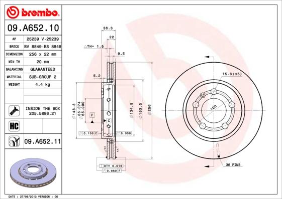 Brembo 09.A652.11 - Bremžu diski adetalas.lv