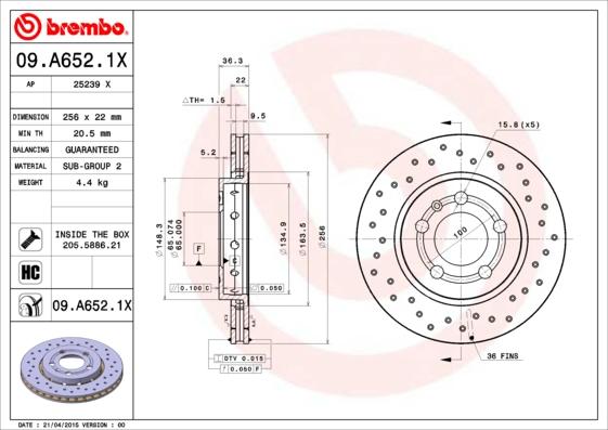 Brembo 09.A652.1X - Bremžu diski adetalas.lv