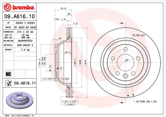 Brembo 09.A616.11 - Bremžu diski adetalas.lv