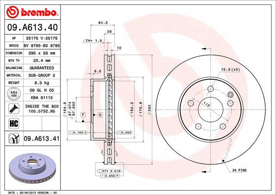 Brembo 09.A613.40 - Bremžu diski adetalas.lv