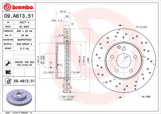 Brembo 09.A613.51 - Bremžu diski adetalas.lv