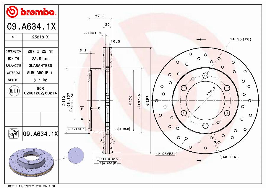 Brembo 09.A634.1X - Bremžu diski adetalas.lv