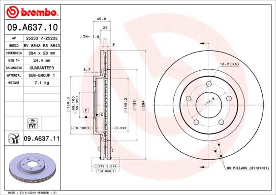 Brembo 09.A637.10 - Bremžu diski adetalas.lv