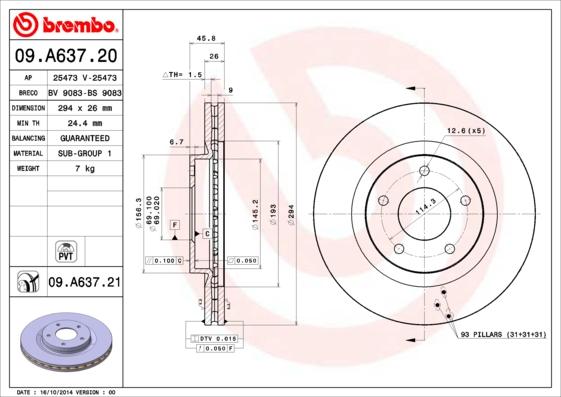 Brembo 09.A637.20 - Bremžu diski adetalas.lv