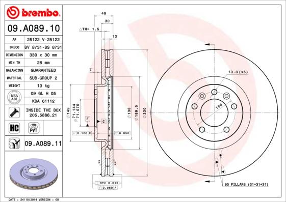 Brembo 09.A089.10 - Bremžu diski adetalas.lv