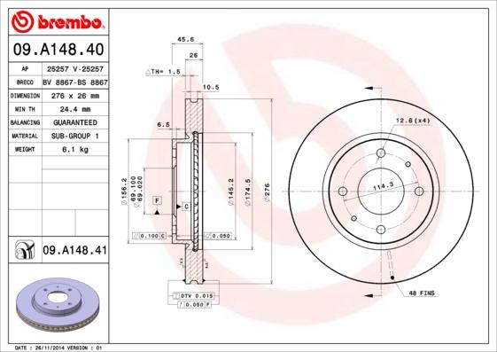 Brembo 09.A148.41 - Bremžu diski adetalas.lv