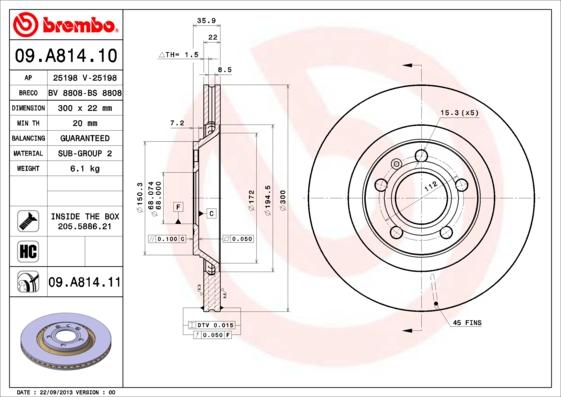 Brembo 09.A814.10 - Bremžu diski adetalas.lv