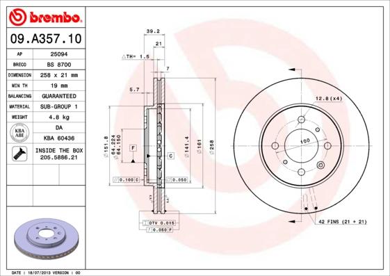 Brembo 09.A357.10 - Bremžu diski adetalas.lv