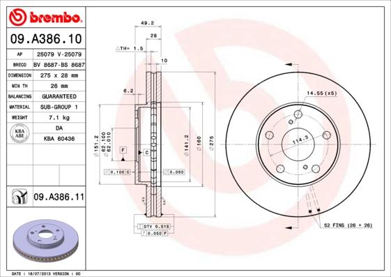 Brembo 09.A386.11 - Bremžu diski adetalas.lv