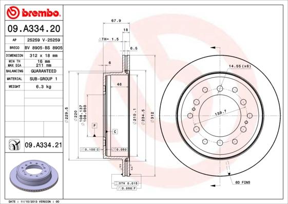 Brembo 09.A334.21 - Bremžu diski adetalas.lv